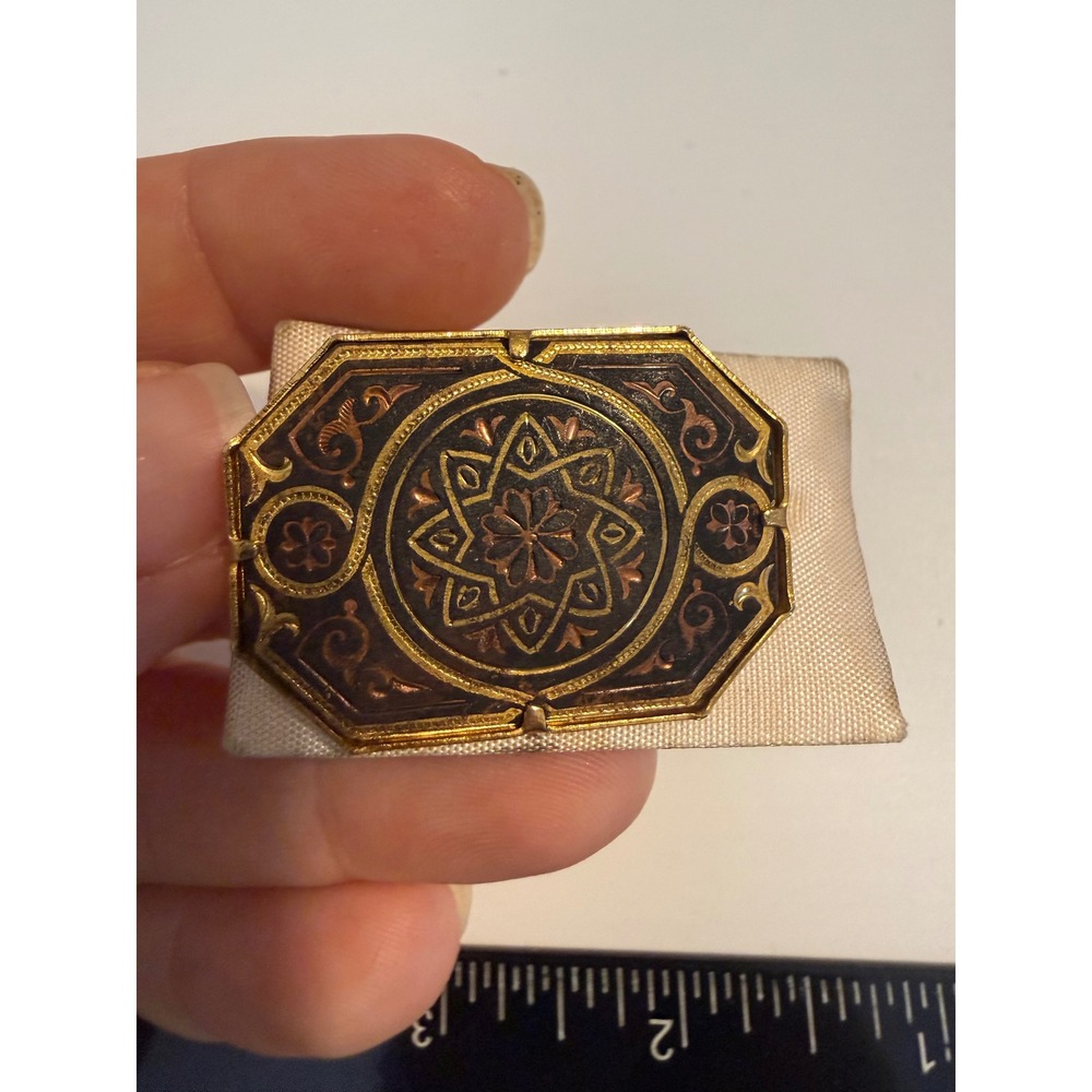 Vintage Toledo Damascene Gold Brooch Suarez C.B. Spain Geometric Floral Pin